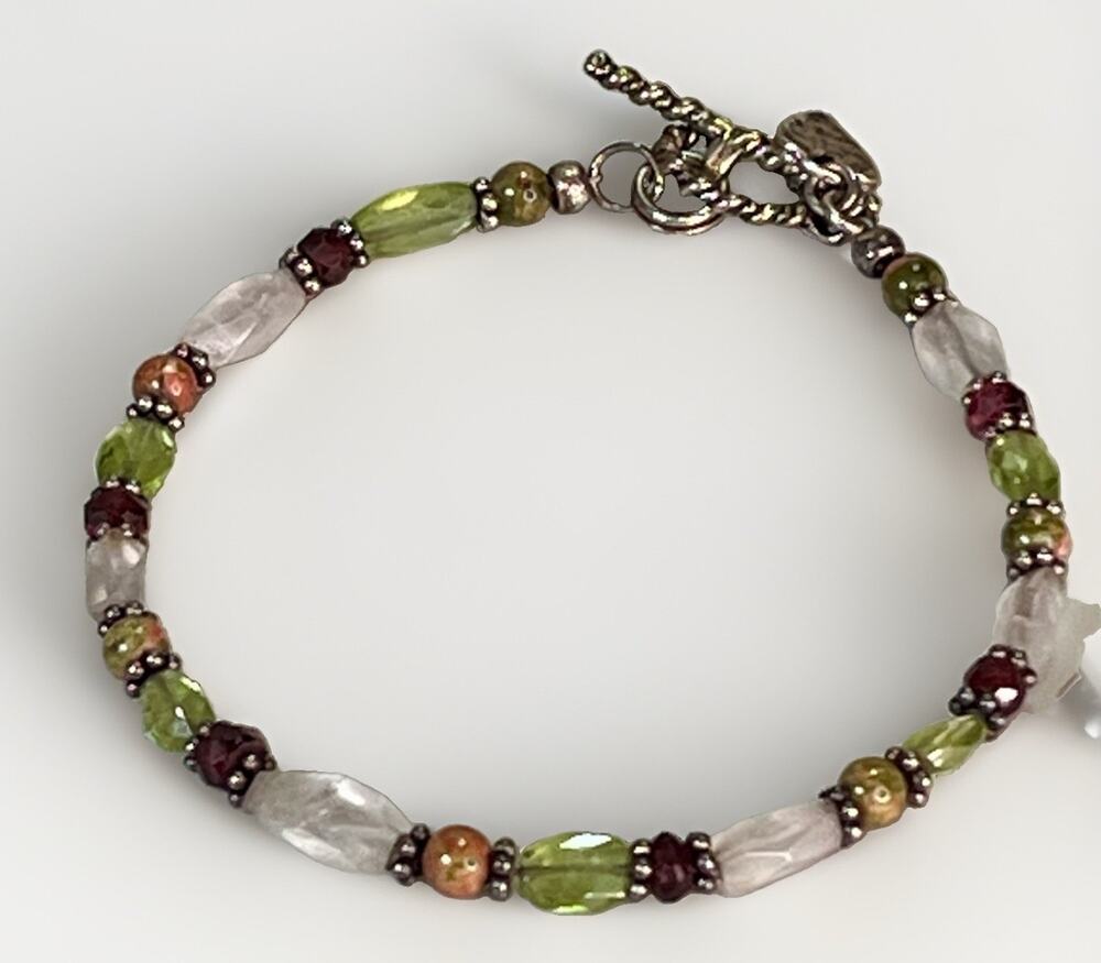 Sterling Silver Mixed Gemstone Rose Quartz Peridot Garnet Bracelet 8.1g